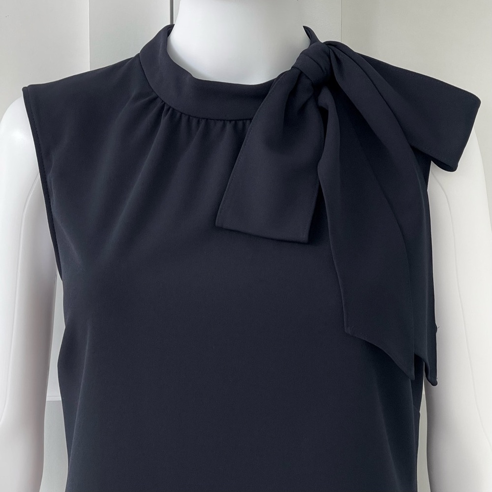 ANNE KLEIN Tie-Neck Accent Sheath Midi Dress Sleeveless Dark Navy Blue Back Zip - Picture 6 of 10